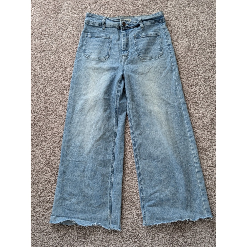 OAT New York High Rise Wide Leg Raw Hem Patch Pocket Jeans Women 8/29 Inseam 26"